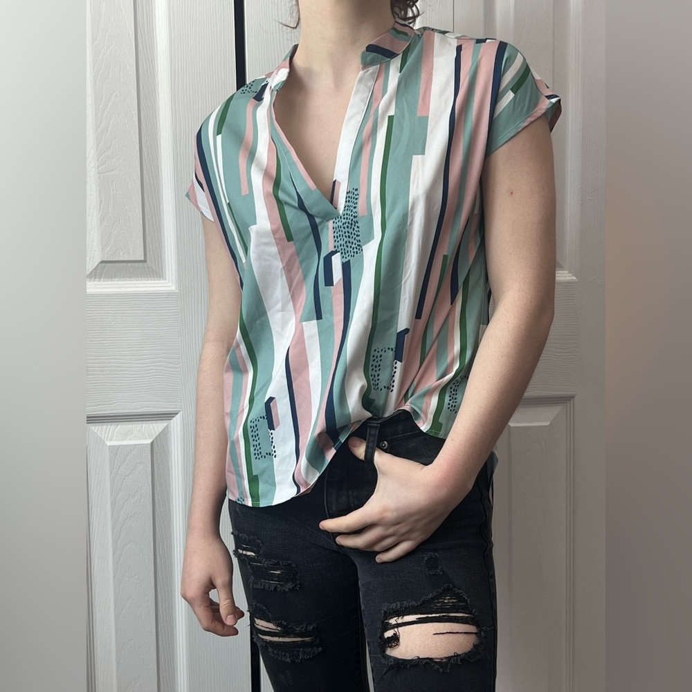 SHEIN Mint Green & Blush Vertical Stripe V-Neck Blouse